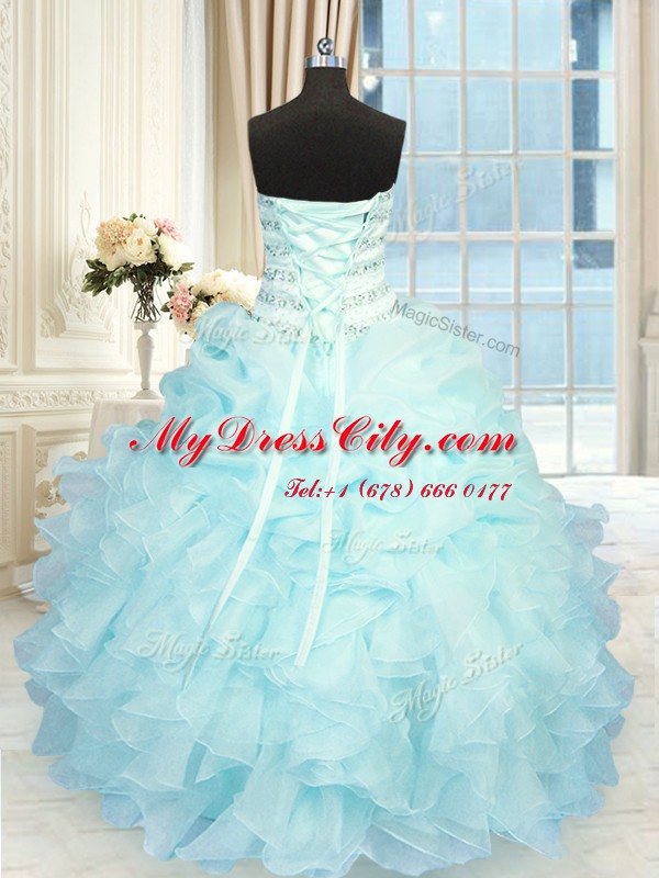 Cheap Pick Ups Aqua Blue Sleeveless Organza Lace Up Quinceanera Dress for Military Ball and Sweet 16 and Quinceanera