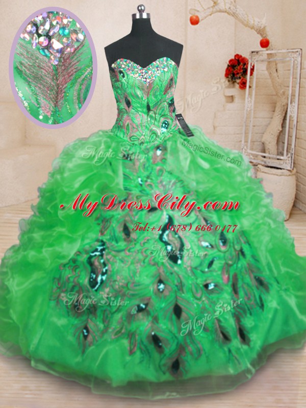 Pretty Green Sweetheart Neckline Beading and Appliques and Ruffles Quinceanera Dress Sleeveless Zipper