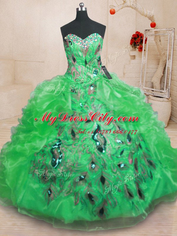 Pretty Green Sweetheart Neckline Beading and Appliques and Ruffles Quinceanera Dress Sleeveless Zipper