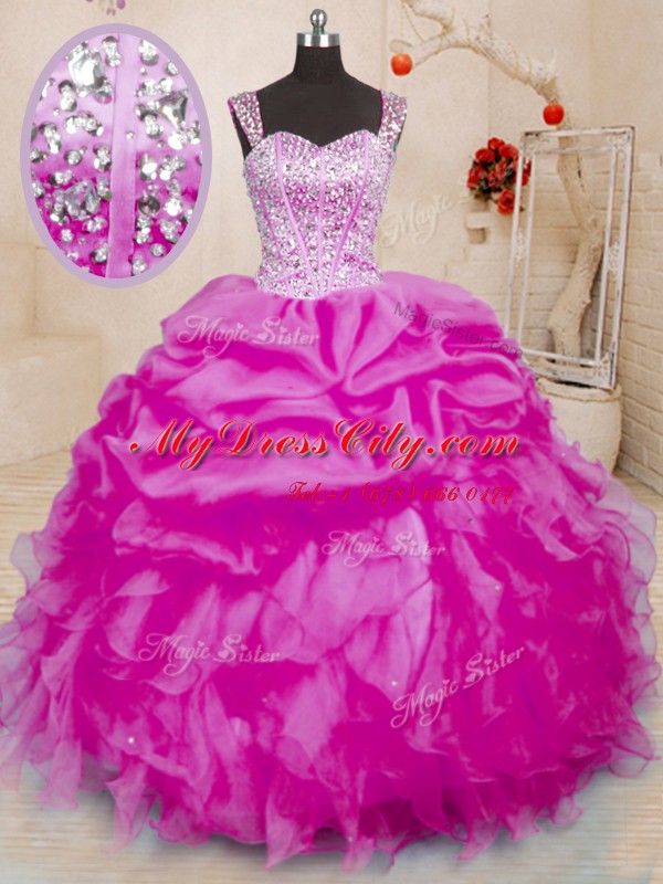 Admirable Fuchsia Straps Neckline Beading and Ruffles and Pick Ups Quinceanera Dresses Sleeveless Lace Up