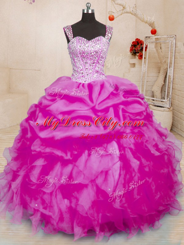 Admirable Fuchsia Straps Neckline Beading and Ruffles and Pick Ups Quinceanera Dresses Sleeveless Lace Up