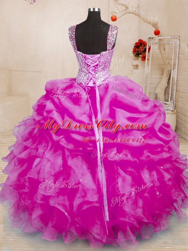 Admirable Fuchsia Straps Neckline Beading and Ruffles and Pick Ups Quinceanera Dresses Sleeveless Lace Up