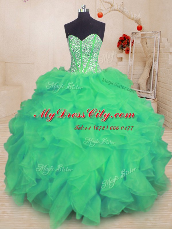 Stylish Beading and Ruffles Quinceanera Gown Turquoise Lace Up Sleeveless Floor Length