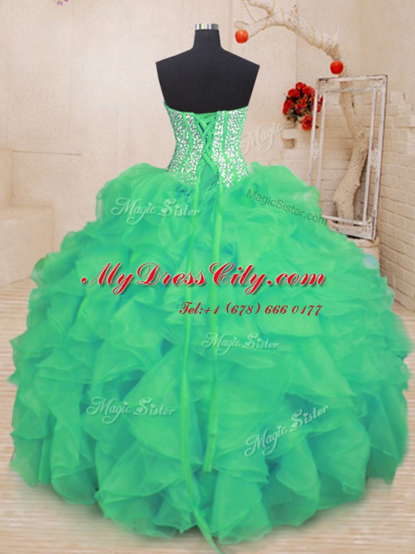 Stylish Beading and Ruffles Quinceanera Gown Turquoise Lace Up Sleeveless Floor Length