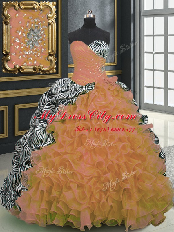 Lovely Printed Sleeveless With Train Beading and Ruffles and Pattern Lace Up Quinceanera Gown with Orange Brush Train