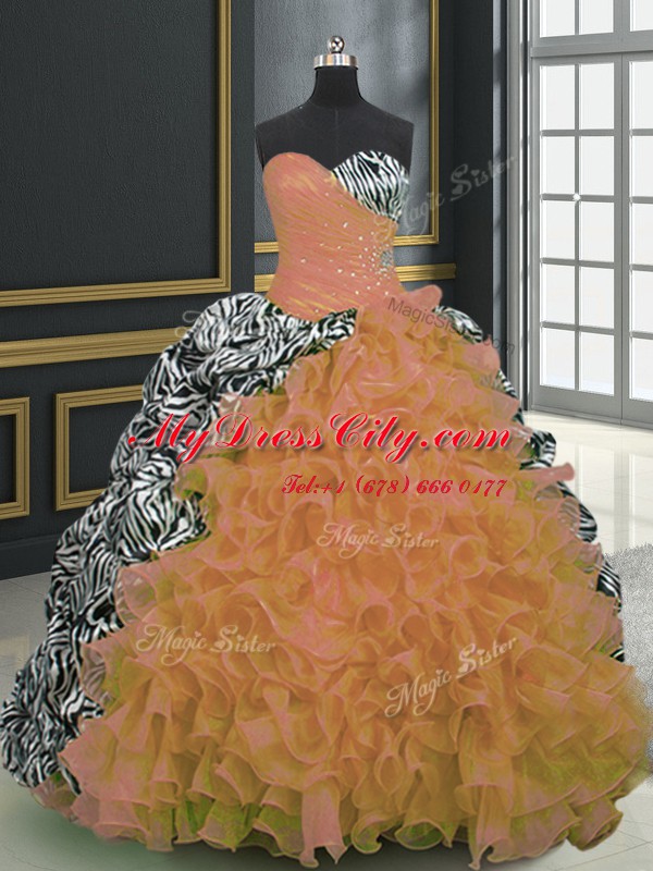 Lovely Printed Sleeveless With Train Beading and Ruffles and Pattern Lace Up Quinceanera Gown with Orange Brush Train