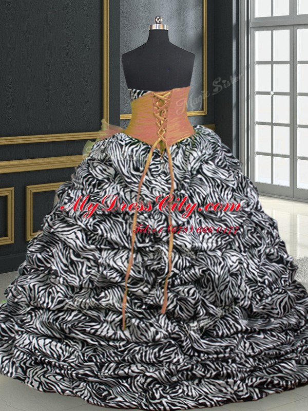 Lovely Printed Sleeveless With Train Beading and Ruffles and Pattern Lace Up Quinceanera Gown with Orange Brush Train