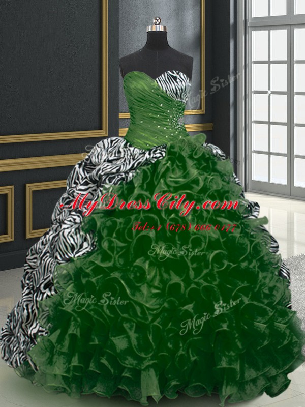 Clearance Printed Dark Green Lace Up Sweet 16 Dress Beading and Ruffles and Pattern Sleeveless With Brush Train