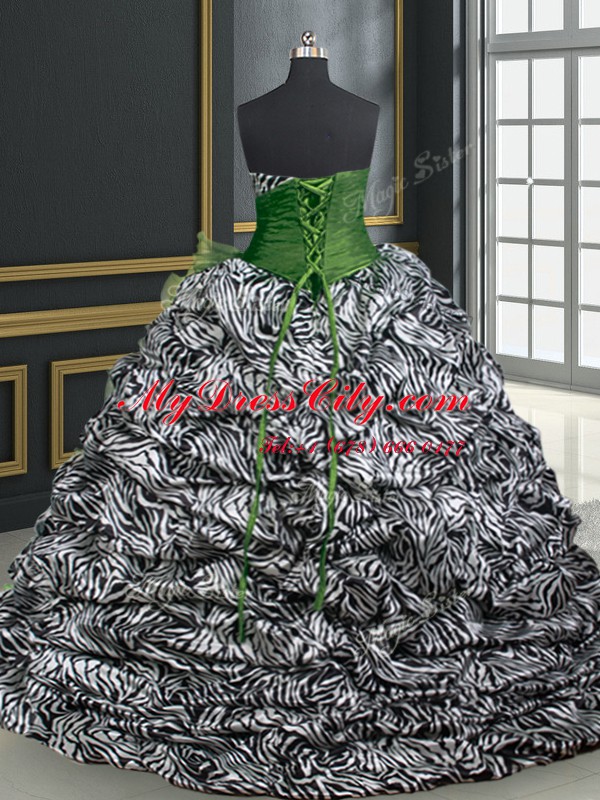 Clearance Printed Dark Green Lace Up Sweet 16 Dress Beading and Ruffles and Pattern Sleeveless With Brush Train