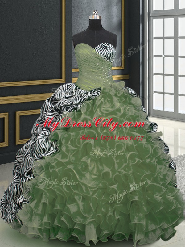 Excellent Organza and Printed Sweetheart Sleeveless Brush Train Lace Up Beading and Ruffles and Pattern Quinceanera Dress in Olive Green