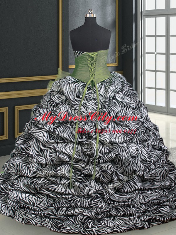 Excellent Organza and Printed Sweetheart Sleeveless Brush Train Lace Up Beading and Ruffles and Pattern Quinceanera Dress in Olive Green