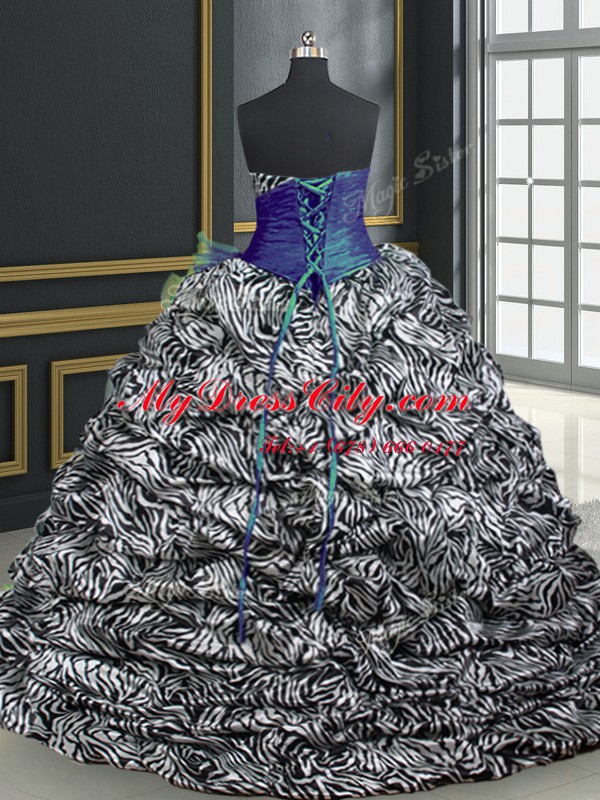 Custom Designed Sweetheart Sleeveless Organza and Printed Sweet 16 Dress Beading and Ruffles and Pattern Lace Up