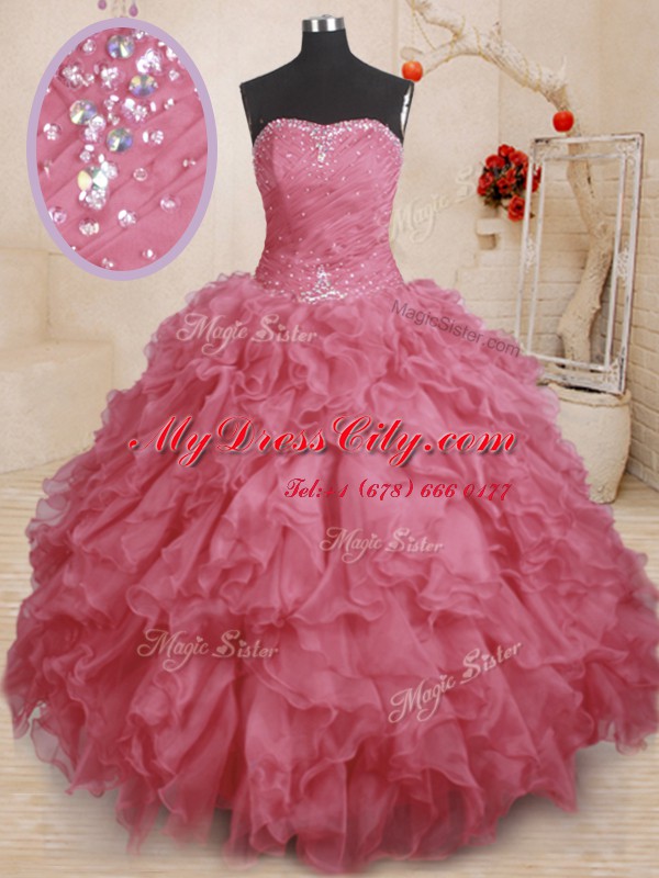 Pink Ball Gowns Beading and Ruffles and Ruching Sweet 16 Dresses Lace Up Organza Sleeveless Floor Length