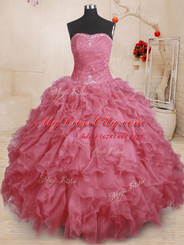 Pink Ball Gowns Beading and Ruffles and Ruching Sweet 16 Dresses Lace Up Organza Sleeveless Floor Length