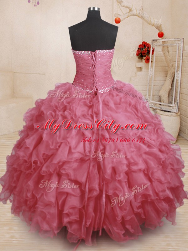 Pink Ball Gowns Beading and Ruffles and Ruching Sweet 16 Dresses Lace Up Organza Sleeveless Floor Length