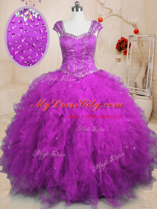 Comfortable Purple Cap Sleeves Beading and Ruffles Floor Length 15 Quinceanera Dress