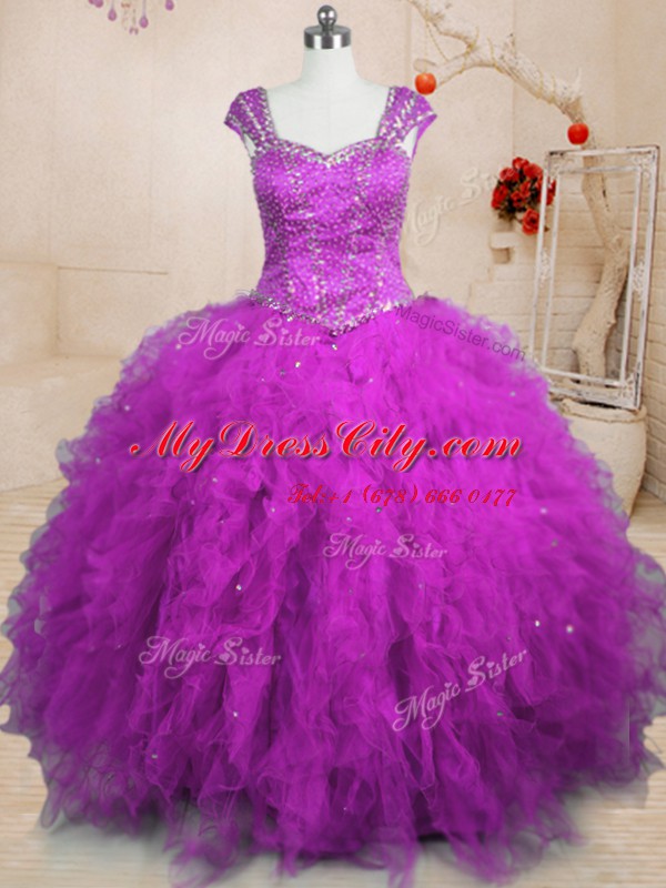 Comfortable Purple Cap Sleeves Beading and Ruffles Floor Length 15 Quinceanera Dress