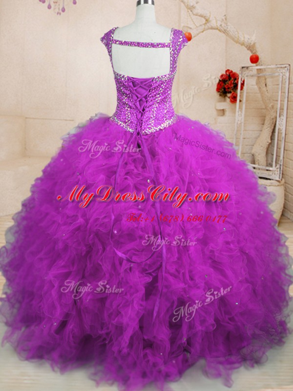 Comfortable Purple Cap Sleeves Beading and Ruffles Floor Length 15 Quinceanera Dress