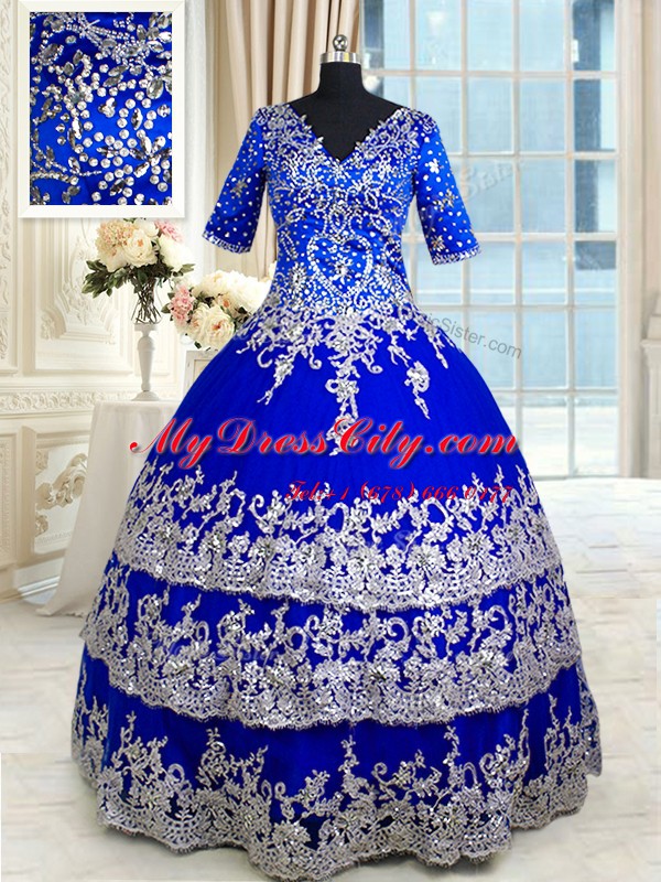 Royal Blue Half Sleeves Appliques and Ruffled Layers Floor Length 15th Birthday Dress