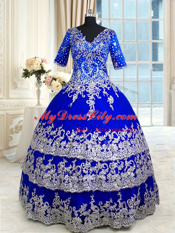 Royal Blue Half Sleeves Appliques and Ruffled Layers Floor Length 15th Birthday Dress