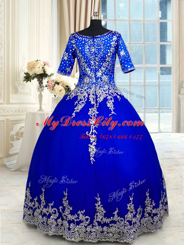 Royal Blue Half Sleeves Appliques and Ruffled Layers Floor Length 15th Birthday Dress