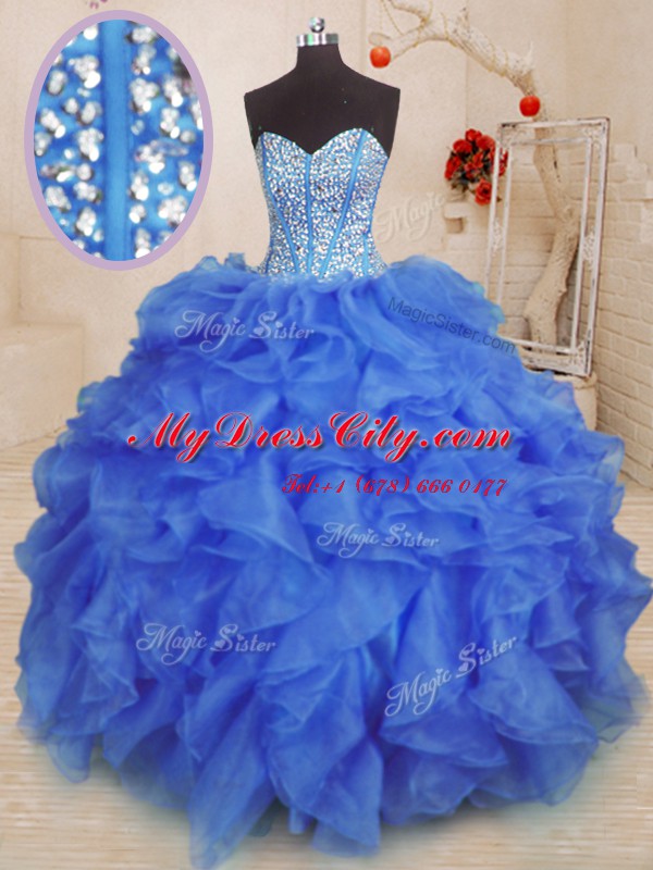 Traditional Royal Blue Lace Up Sweet 16 Dresses Beading and Ruffles Sleeveless Floor Length