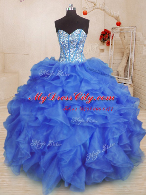 Traditional Royal Blue Lace Up Sweet 16 Dresses Beading and Ruffles Sleeveless Floor Length