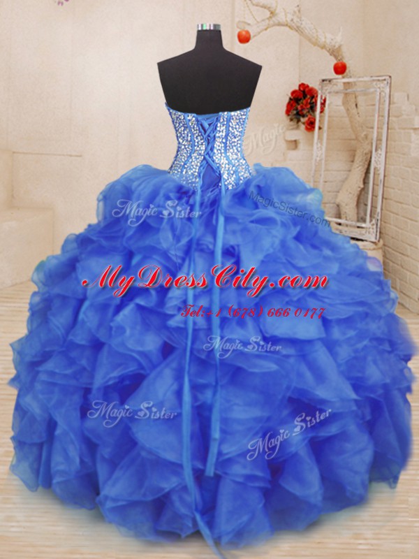 Traditional Royal Blue Lace Up Sweet 16 Dresses Beading and Ruffles Sleeveless Floor Length