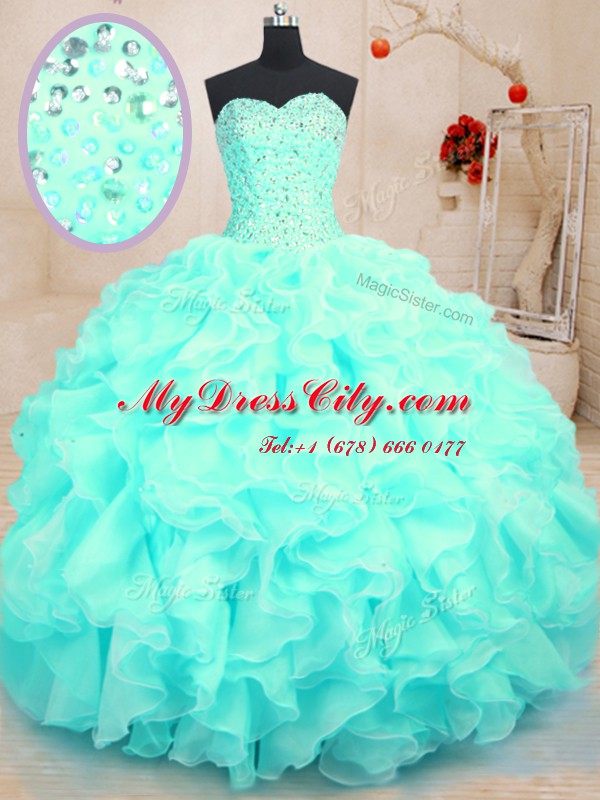 Perfect Beading and Ruffles Quinceanera Dresses Aqua Blue Lace Up Sleeveless Floor Length