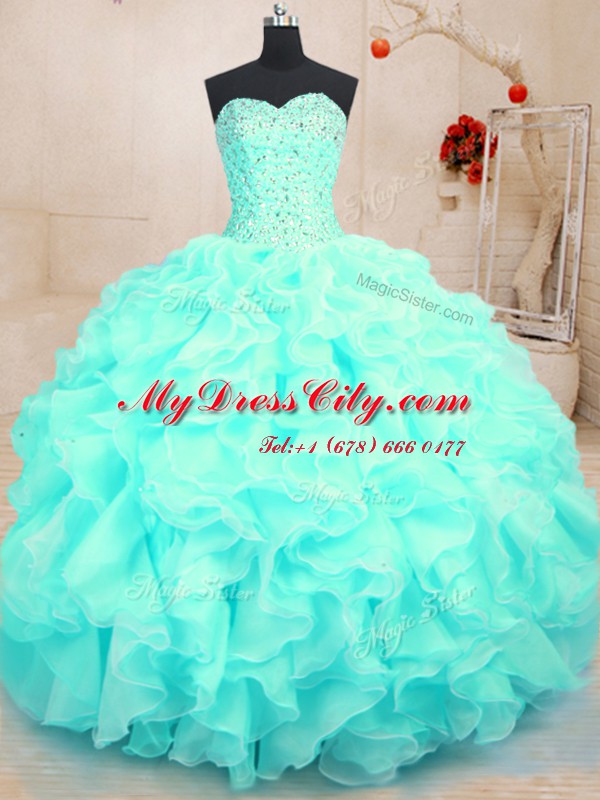 Perfect Beading and Ruffles Quinceanera Dresses Aqua Blue Lace Up Sleeveless Floor Length