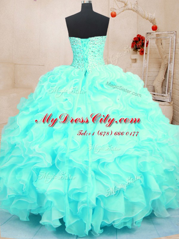 Perfect Beading and Ruffles Quinceanera Dresses Aqua Blue Lace Up Sleeveless Floor Length