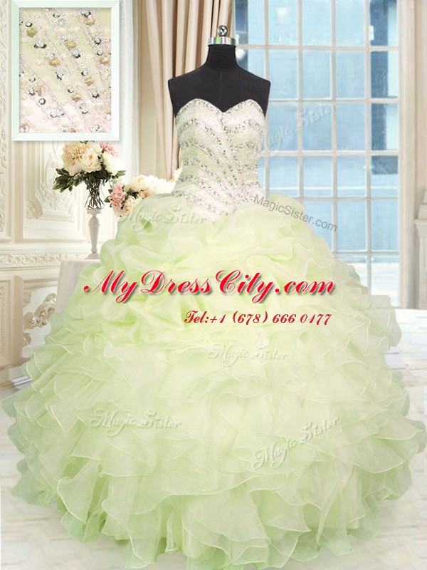 Light Yellow Lace Up Sweetheart Beading and Ruffles Vestidos de Quinceanera Organza Sleeveless