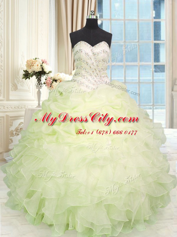 Light Yellow Lace Up Sweetheart Beading and Ruffles Vestidos de Quinceanera Organza Sleeveless