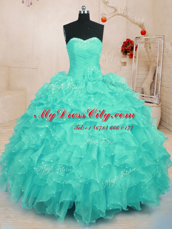 Attractive Turquoise Organza Lace Up Quinceanera Gowns Sleeveless Floor Length Beading and Ruffles and Hand Made Flower