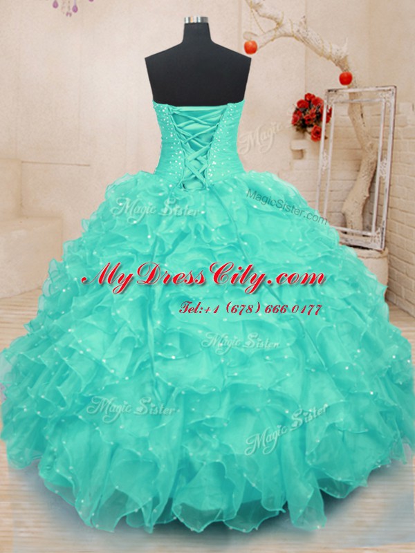 Attractive Turquoise Organza Lace Up Quinceanera Gowns Sleeveless Floor Length Beading and Ruffles and Hand Made Flower