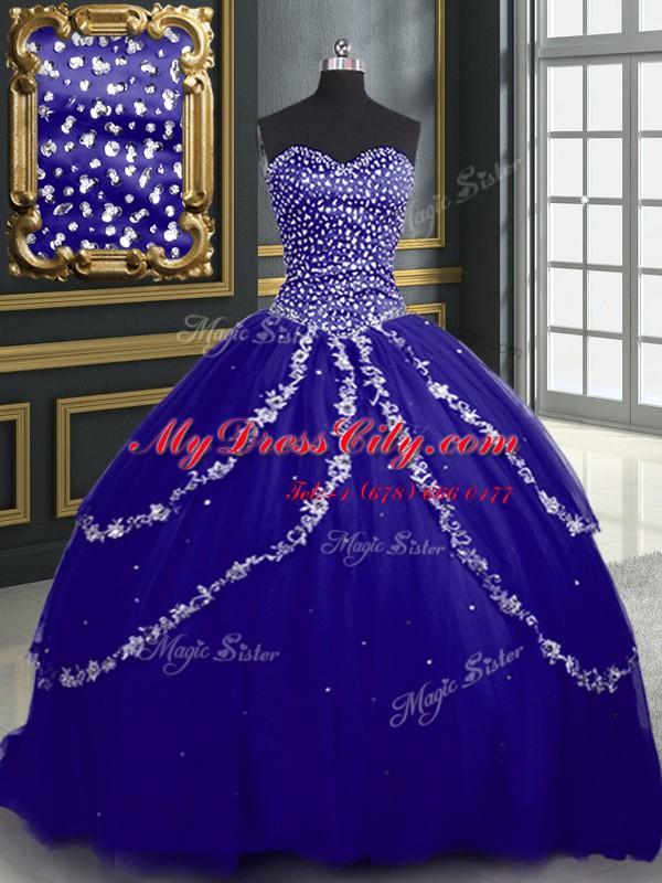 Sleeveless With Train Beading and Appliques Lace Up Quinceanera Gowns with Blue Brush Train