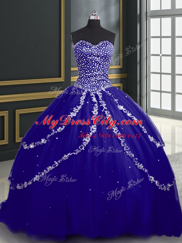 Sleeveless With Train Beading and Appliques Lace Up Quinceanera Gowns with Blue Brush Train