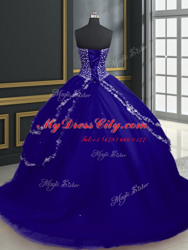 Sleeveless With Train Beading and Appliques Lace Up Quinceanera Gowns with Blue Brush Train