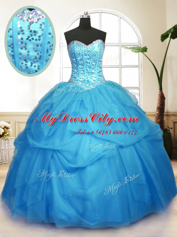 Sequins Pick Ups Floor Length Ball Gowns Sleeveless Baby Blue Vestidos de Quinceanera Lace Up