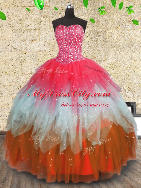 Comfortable Multi-color Ball Gowns Beading and Ruffles and Ruffled Layers Sweet 16 Dresses Lace Up Tulle Sleeveless Floor Length