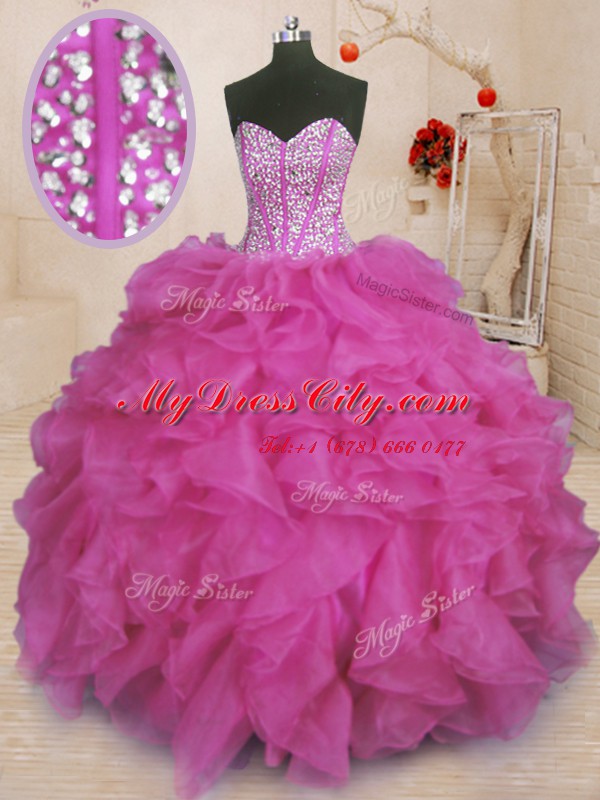 Floor Length Lace Up Quince Ball Gowns Fuchsia for Military Ball and Sweet 16 and Quinceanera with Beading and Ruffles