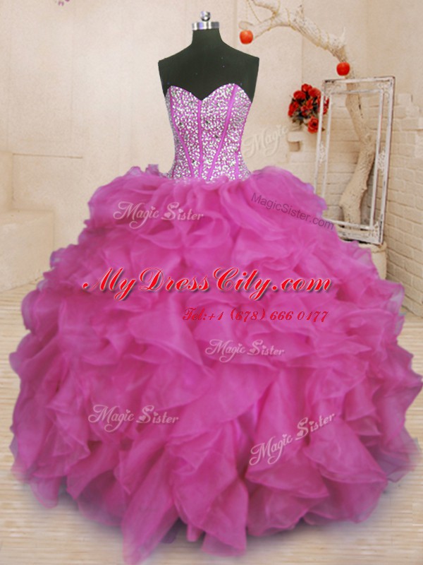 Floor Length Lace Up Quince Ball Gowns Fuchsia for Military Ball and Sweet 16 and Quinceanera with Beading and Ruffles