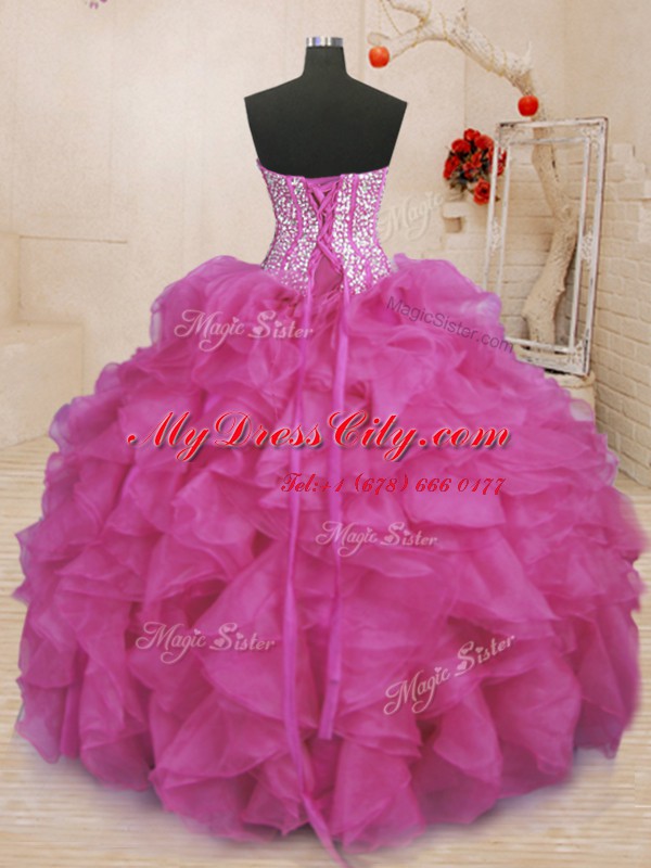 Floor Length Lace Up Quince Ball Gowns Fuchsia for Military Ball and Sweet 16 and Quinceanera with Beading and Ruffles