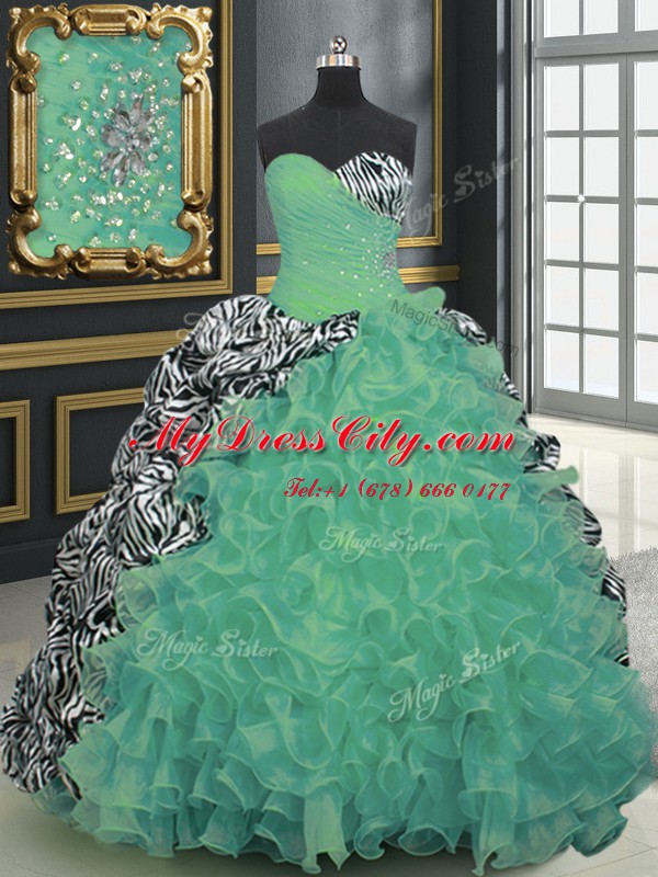 Smart Sweetheart Sleeveless Organza and Printed Quince Ball Gowns Beading and Ruffles and Pattern Brush Train Lace Up