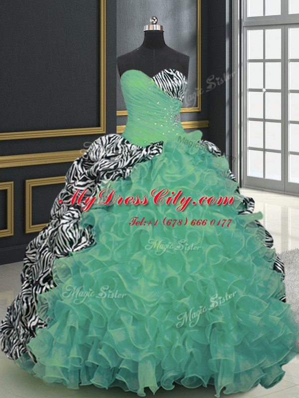 Smart Sweetheart Sleeveless Organza and Printed Quince Ball Gowns Beading and Ruffles and Pattern Brush Train Lace Up