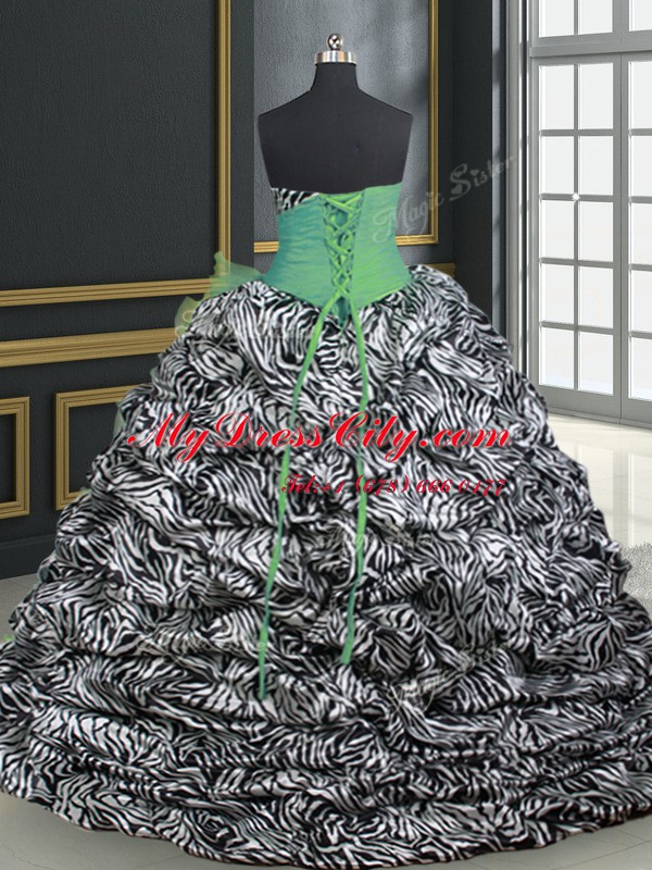 Smart Sweetheart Sleeveless Organza and Printed Quince Ball Gowns Beading and Ruffles and Pattern Brush Train Lace Up