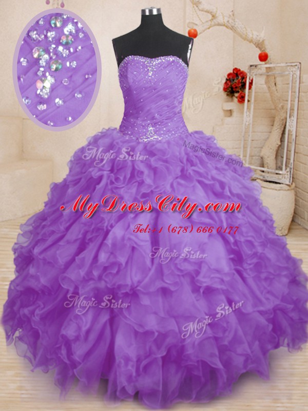 Clearance Lavender Lace Up Strapless Beading and Ruffles and Ruching Sweet 16 Quinceanera Dress Organza Sleeveless