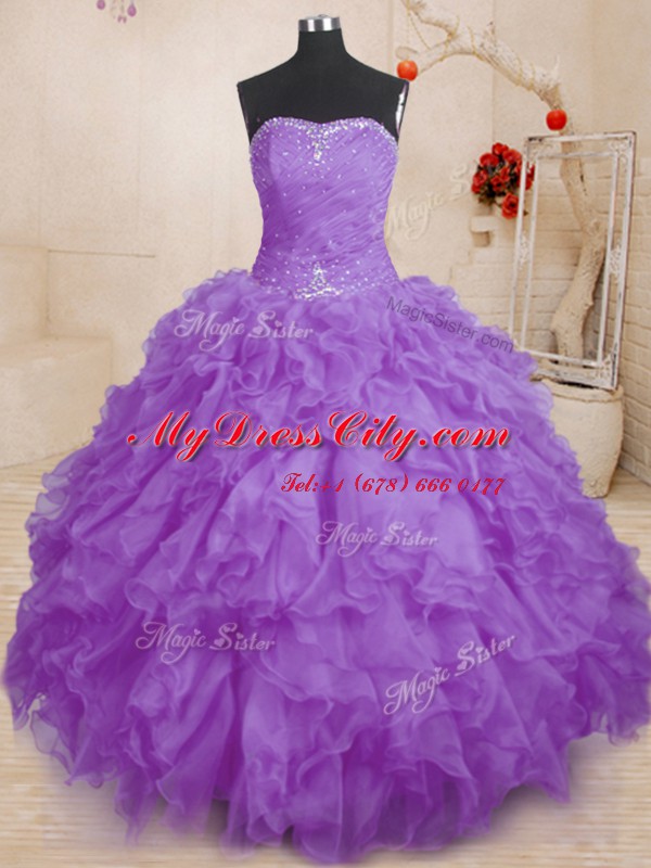 Clearance Lavender Lace Up Strapless Beading and Ruffles and Ruching Sweet 16 Quinceanera Dress Organza Sleeveless