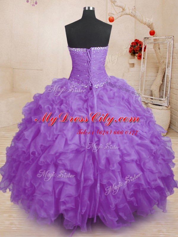 Clearance Lavender Lace Up Strapless Beading and Ruffles and Ruching Sweet 16 Quinceanera Dress Organza Sleeveless