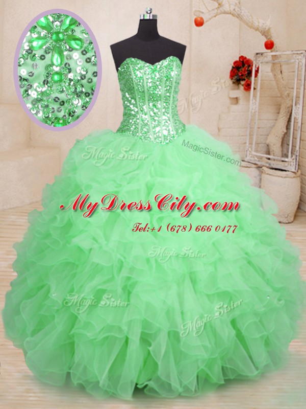 Green Sweetheart Lace Up Beading and Ruffles 15th Birthday Dress Sleeveless